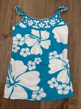 Justice Blue & White Floral Embellished Tank Top with Adjustable Straps